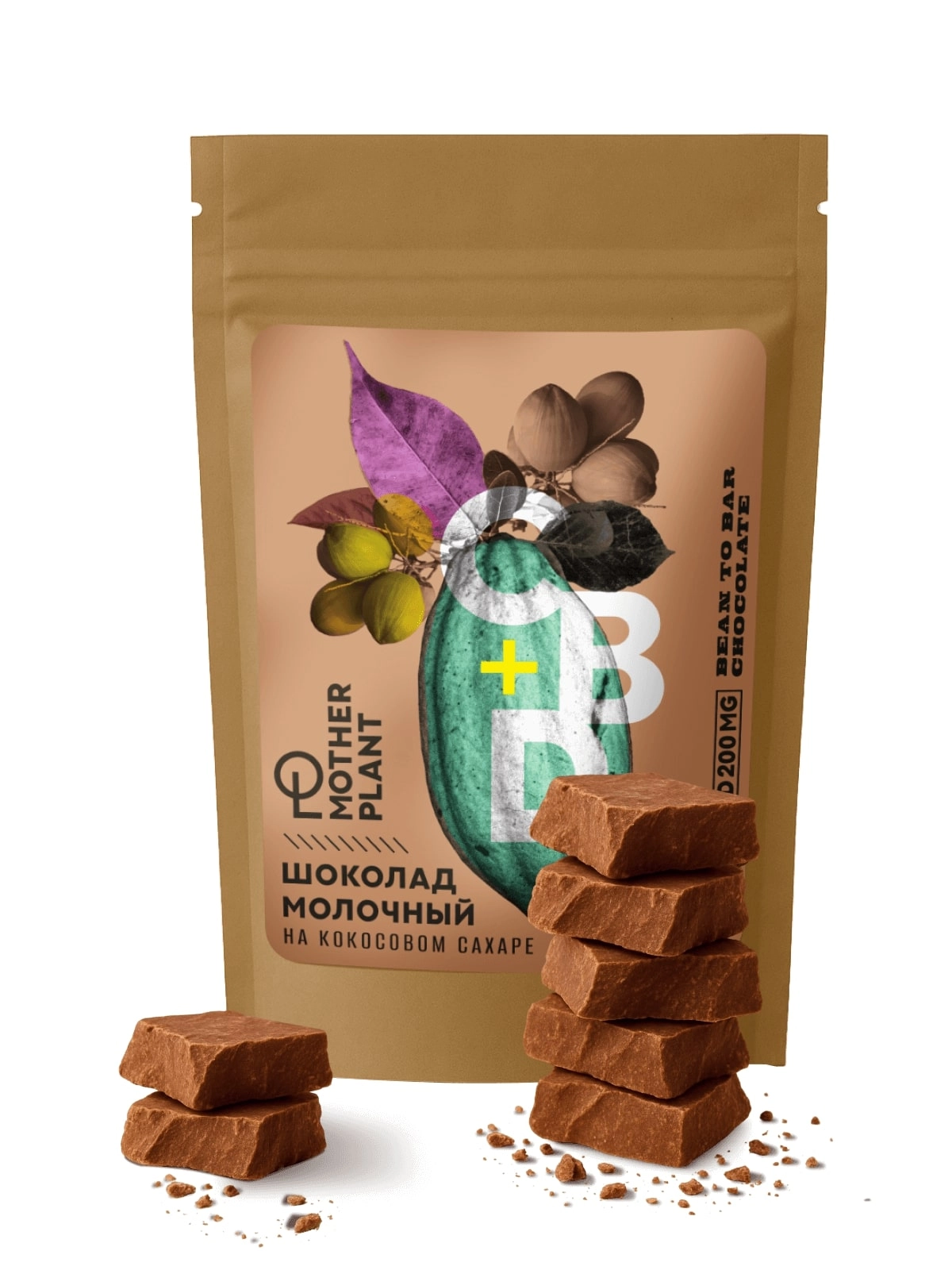 Молочный шоколад на кокосовом сахаре (40% какао, 200мг CBD), MotherPlant, Вес 100гр.