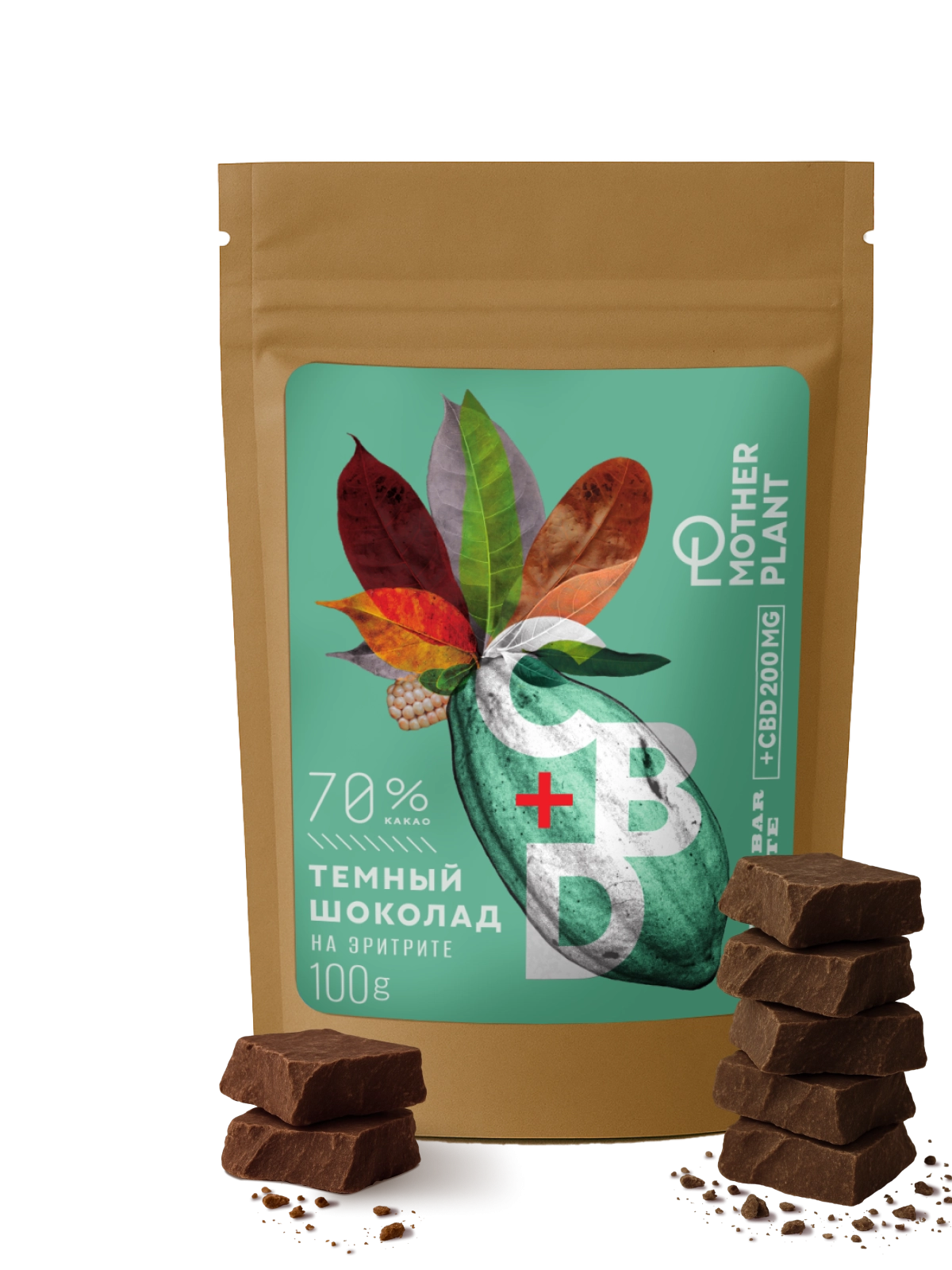 Тёмный шоколад  на эритрите (70% какао, 200мг CBD), MotherPlant, Вес 100гр.