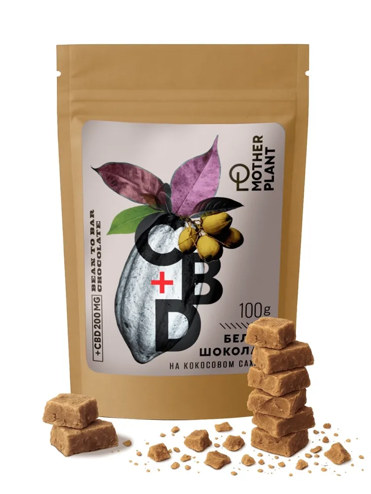 Белый шоколад на кокосовом сахаре (30% какао, 200мг CBD), MotherPlant, Вес 100гр.